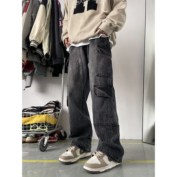 Men's Patchwork Blue Cargo Jeans Unisex Straight Casual Trousers