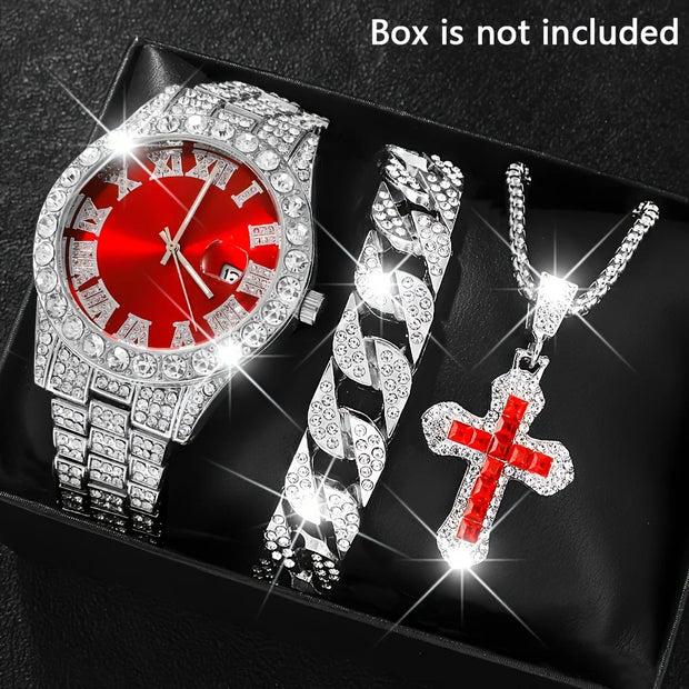 3-piece set of men's rhinestone hip-hop watch