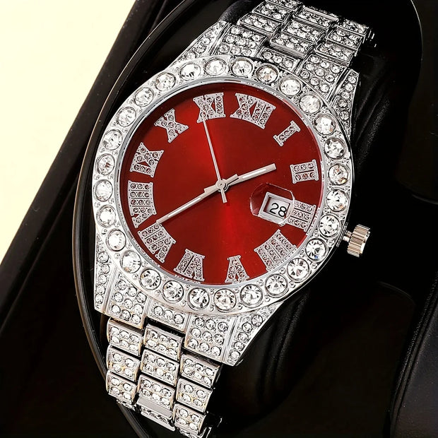 3-piece set of men's rhinestone hip-hop watch