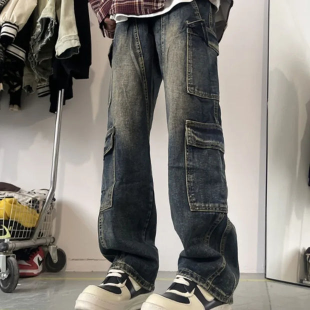 Men's Patchwork Blue Cargo Jeans Unisex Straight Casual Trousers