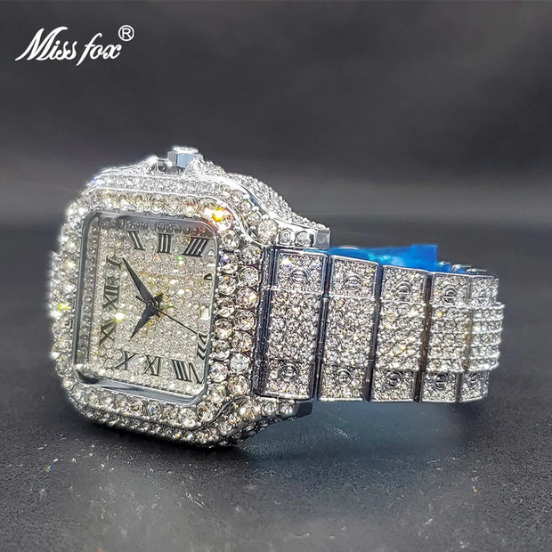 MISSFOX Men Big Watch Luxury Brand Full Diamond