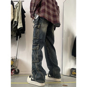 Men's Patchwork Blue Cargo Jeans Unisex Straight Casual Trousers