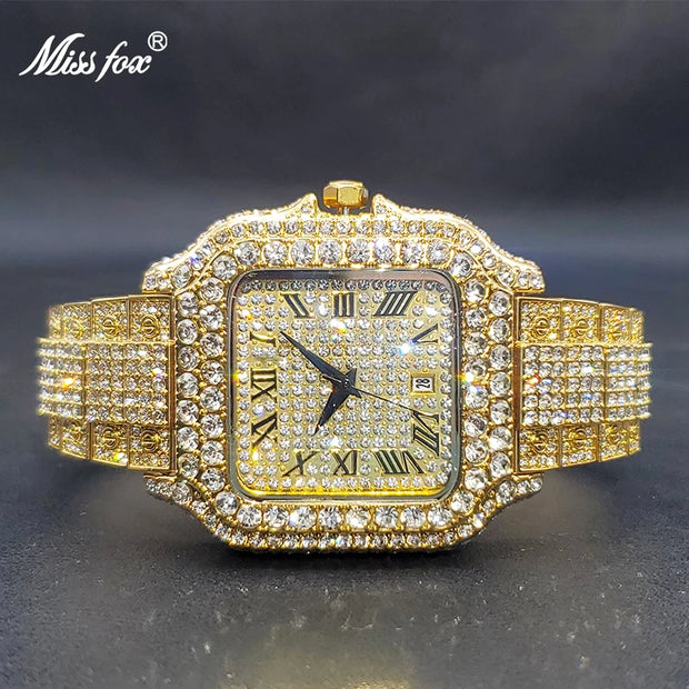 MISSFOX Men Big Watch Luxury Brand Full Diamond